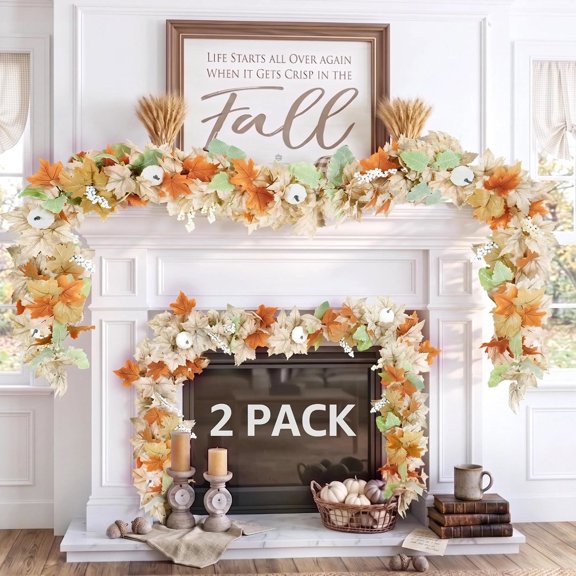 Pakyozj Neutral Fall Garland for Mantle Fireplace-2 Pack 6Ft Outdoor Autumn Leaves Decor for Home Front Door with Pumpkins Maple for Farmhouse Table Stairs Porch Halloween Thanksgiving Decorations