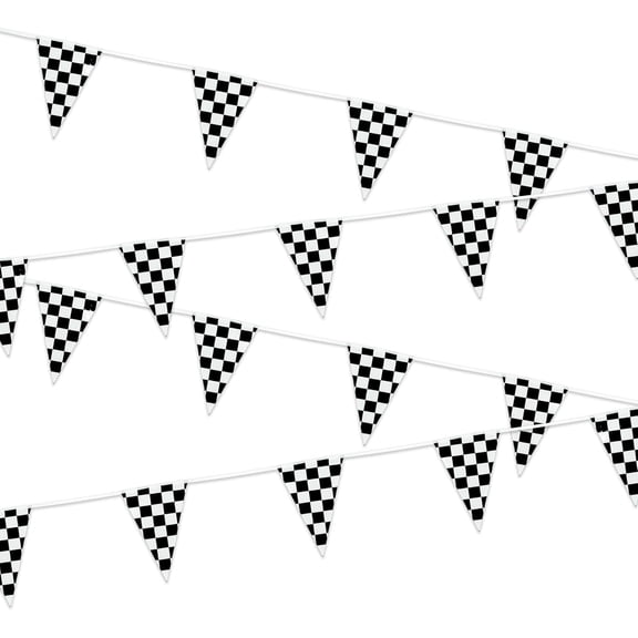Pakyozj Racing Bunting Pennant Banner Flags - Black White Checkered Theme Plastic Triangle Garland for Race Car/Happy Birthday/Garage Party Decorations 4 Packs