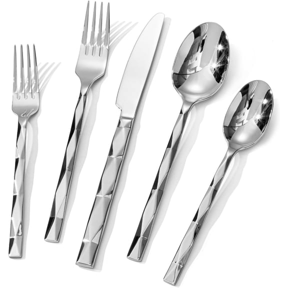 Pakyozj Silverware Set, Luxury 5 Piece Flatware Set for 1, 18/10 Stainless Steel Cutlery Set with Diamond Cut Pattern for Kitchen, Home, Wedding, Party, Mirror Polished and Dishwasher Safe