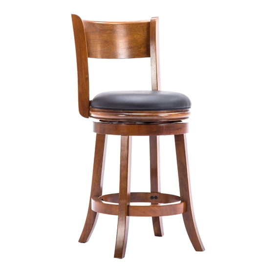 Pal 24 Inch Swivel Counter Stool, Solid Wood, Bonded Leather, Walnut Brown - Saltoro Sherpi