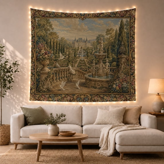 Palace Garden with Doves and Fountain, Serene Vintage Style for Garden Lovers, Floral Wall Art, Housewarming Gift, Tapestry Wall Hanging for Bedroom, Living Room and Entryway