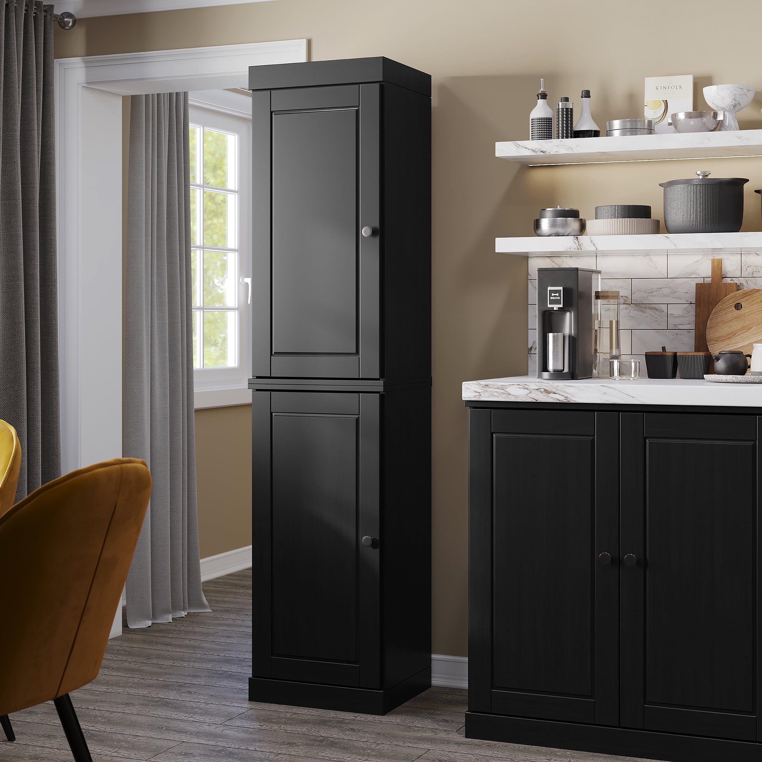 Black Solid Wood Raised Panel Kitchen Pantry Cabinet