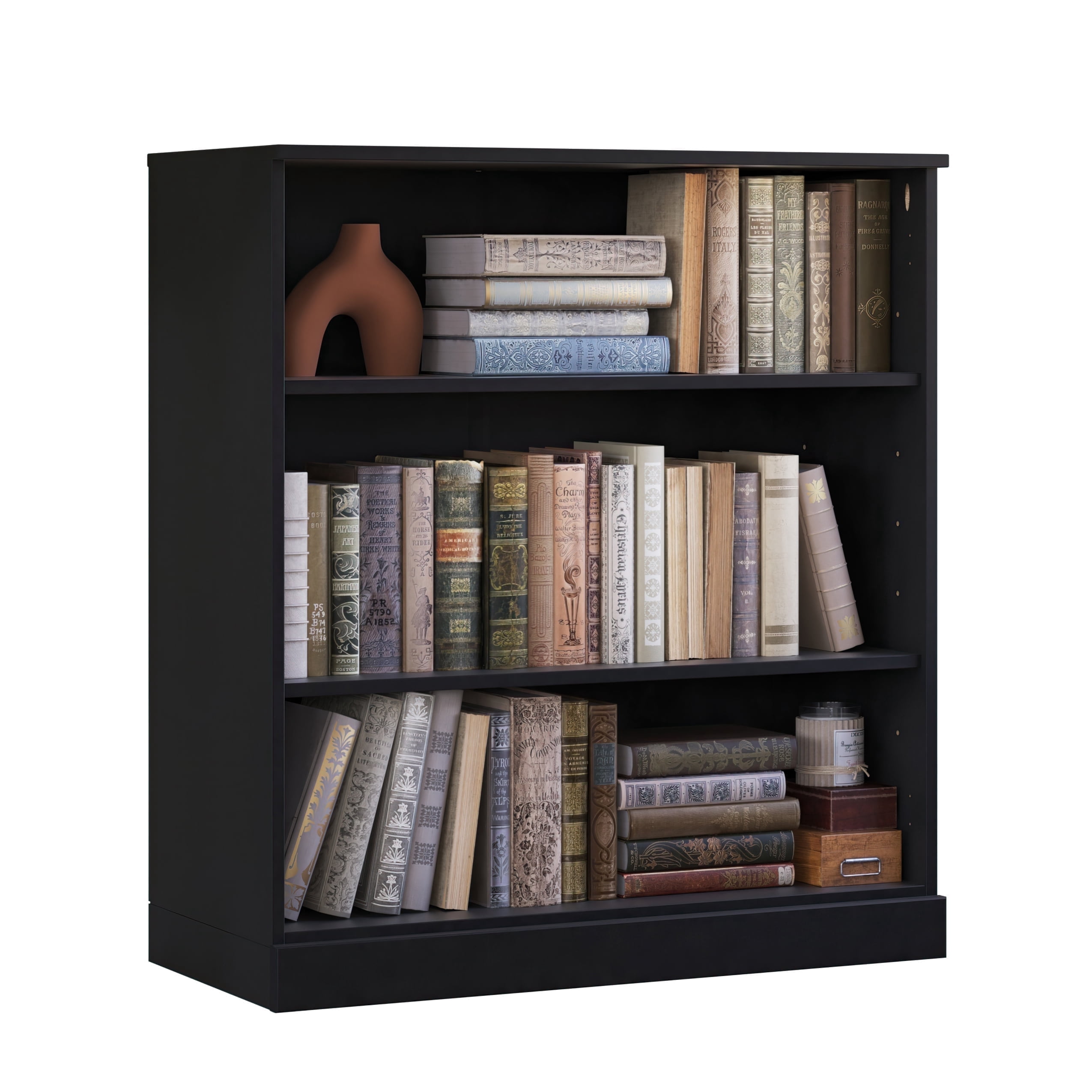 Palace Imports 100% Solid Wood 3-shelf Bookcase with Adjustable Shelves, Black