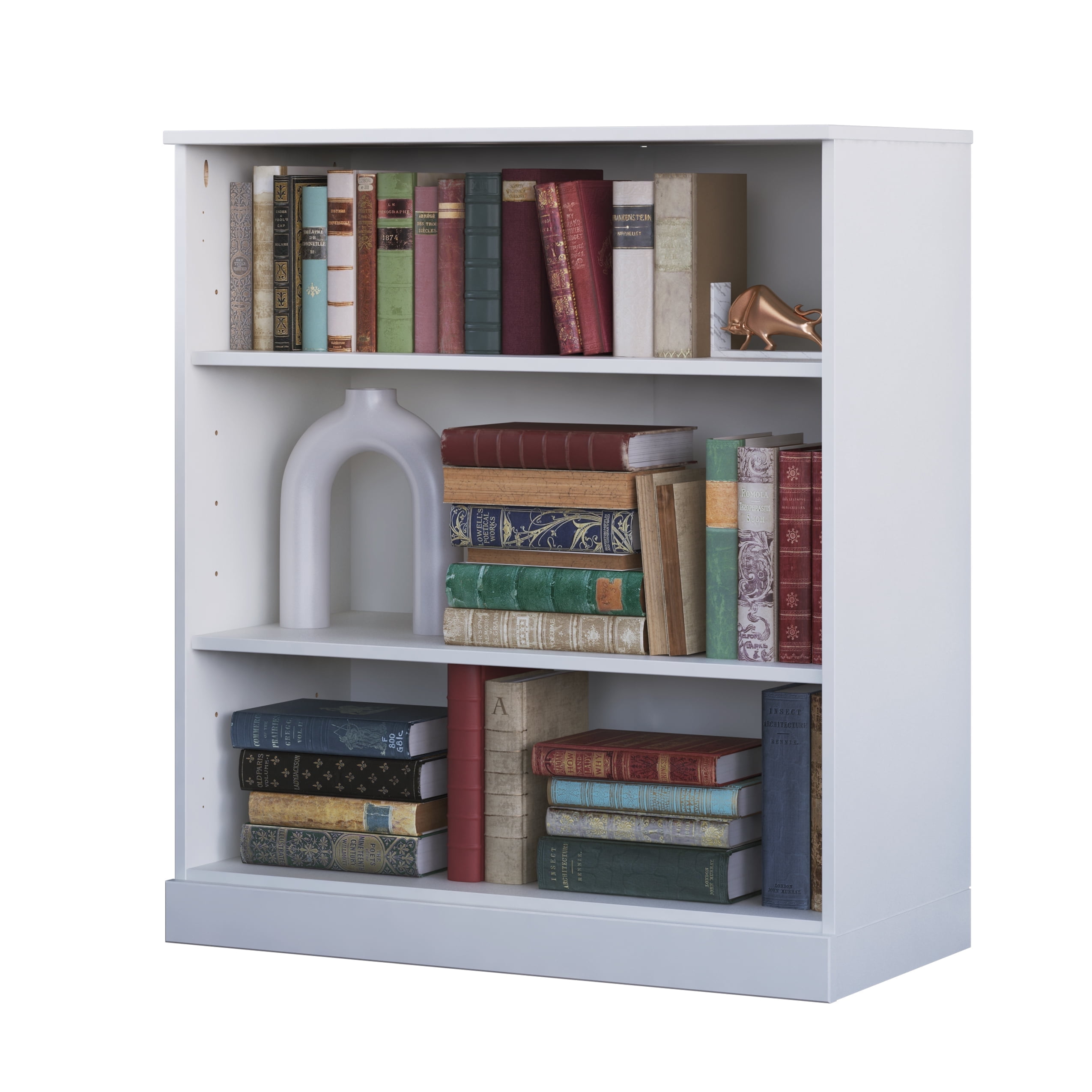 White Solid Pine Wood Adjustable 3-Shelf Bookcase