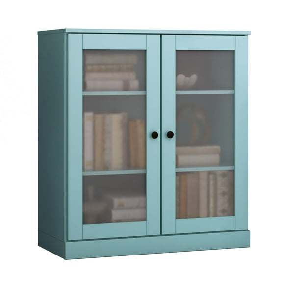 Palace Imports 100% Solid Wood 3-shelf Bookcase with Adjustable Shelves and Frosted Glass Doors, Aqua Blue