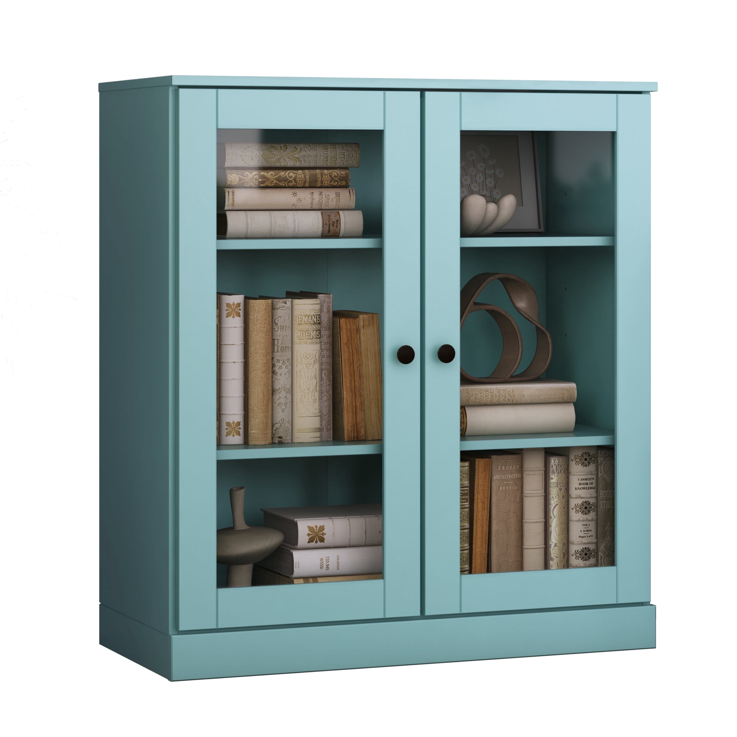 Palace Imports 100% Solid Wood 3-shelf Bookcase with Adjustable Shelves and Glass Doors, Aqua Blue