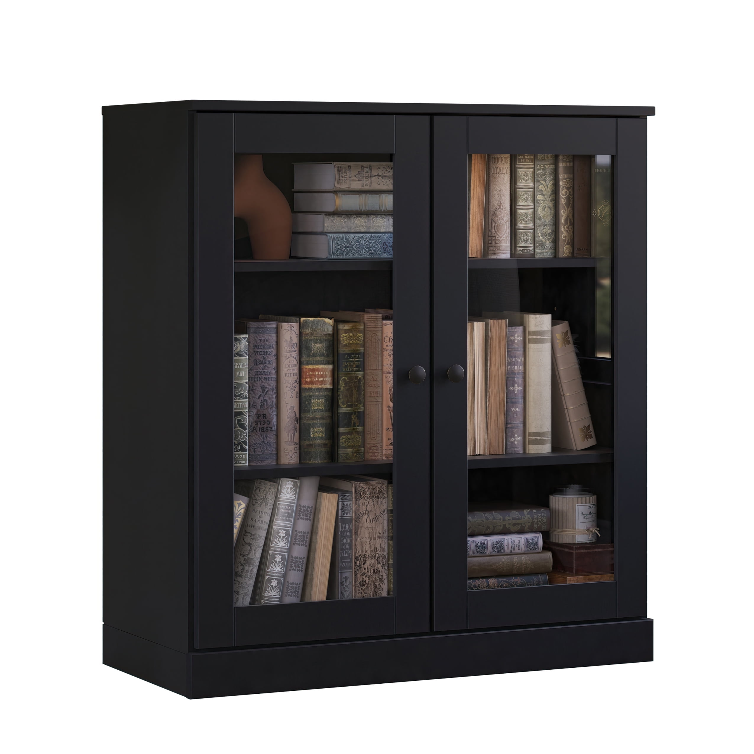 Black Solid Pine Wood 3-Shelf Bookcase with Glass Doors