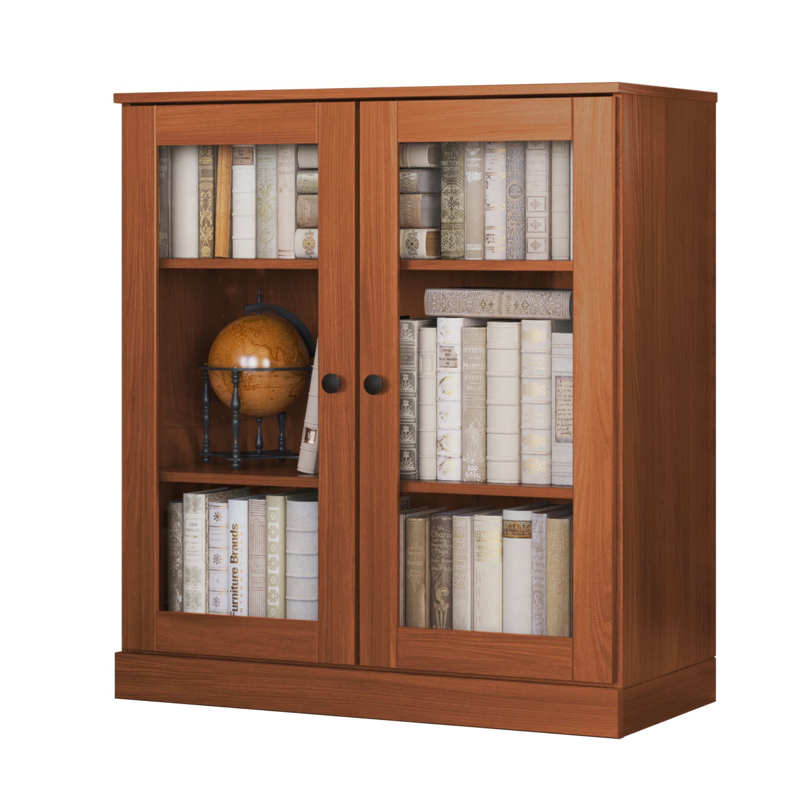 Mocha Solid Pine Wood 3-Shelf Bookcase with Glass Doors