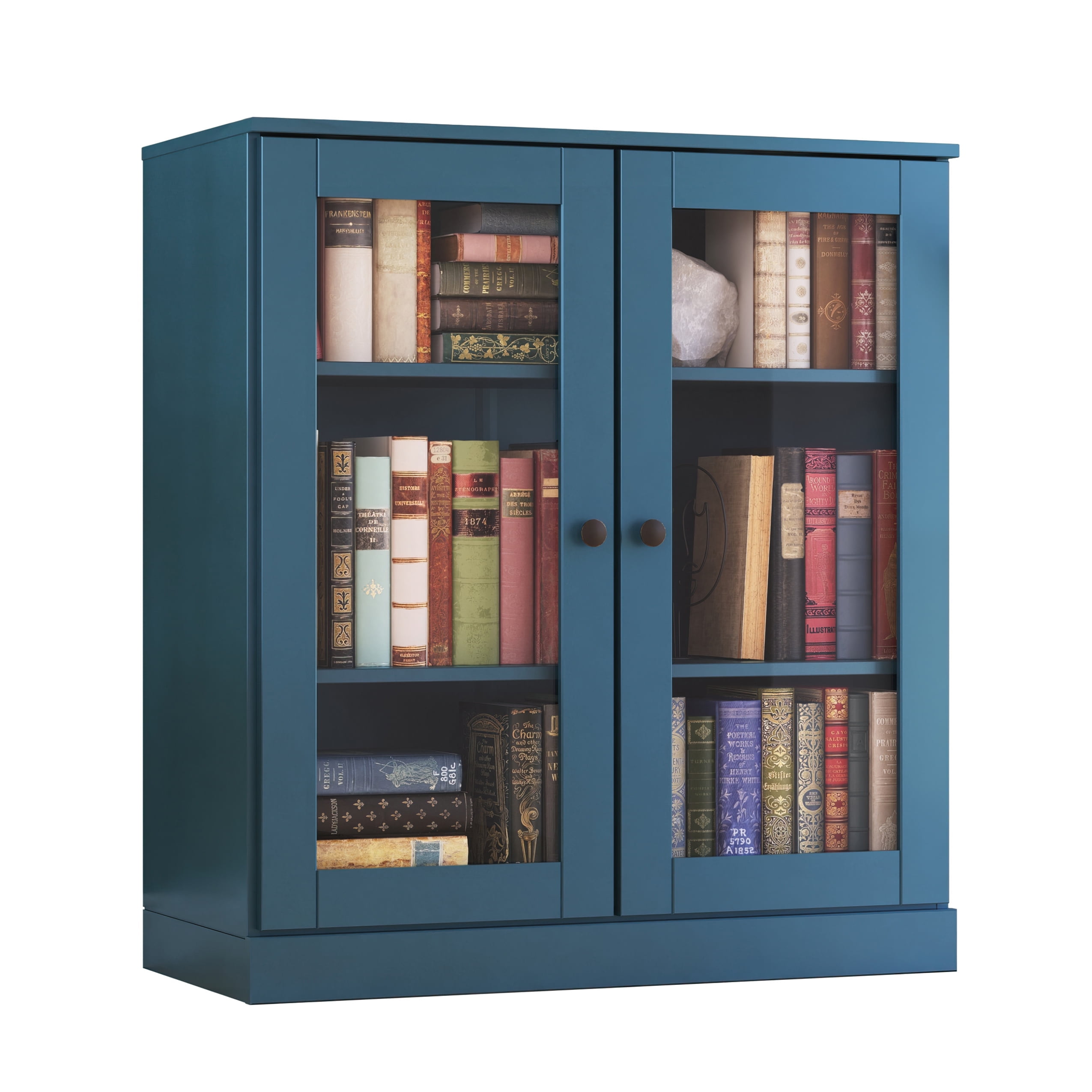 Teal Blue Solid Pine Wood Adjustable 3-Shelf Bookcase with Glass Doors