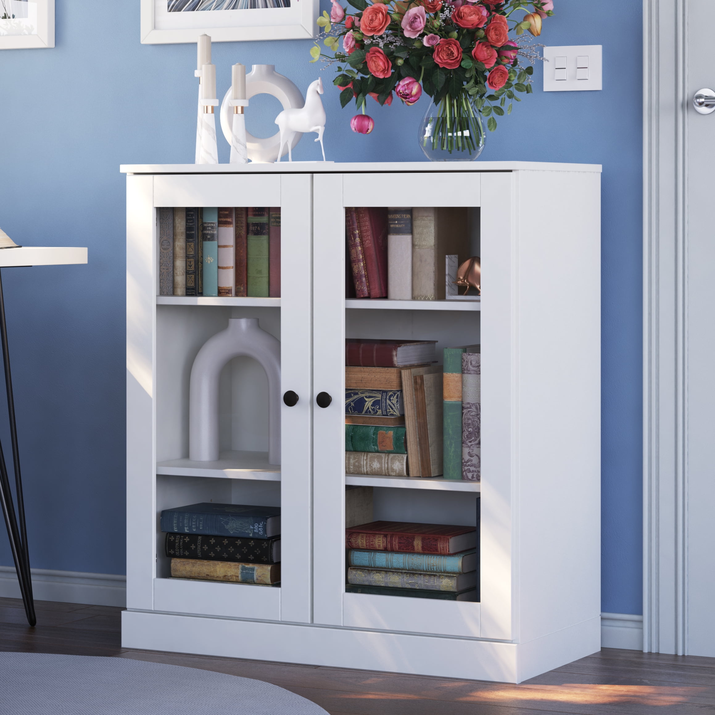 Palace Imports 100% Solid Wood 3-shelf Bookcase with Adjustable Shelves and Glass Doors, White