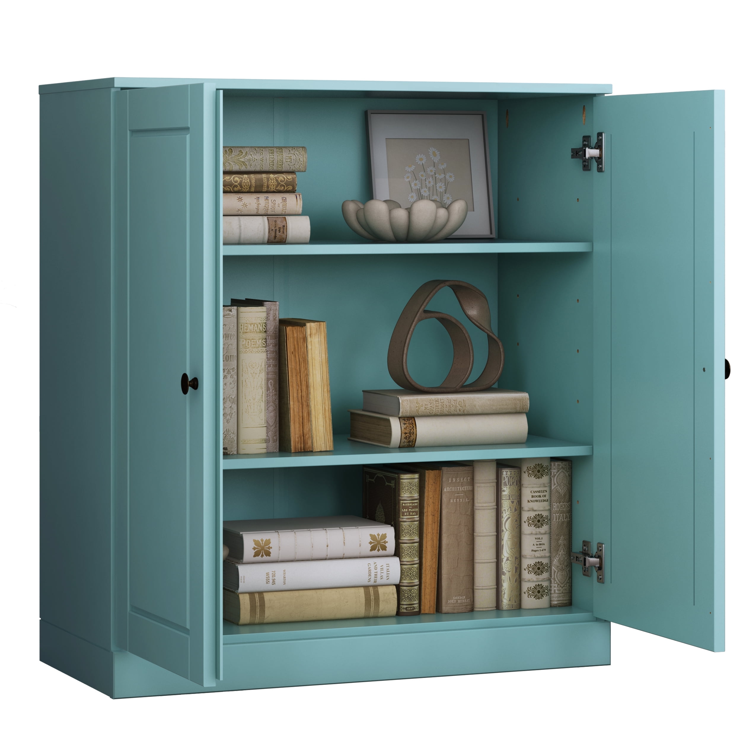 Aqua Solid Pine Wood Adjustable 3-Shelf Bookcase with Doors
