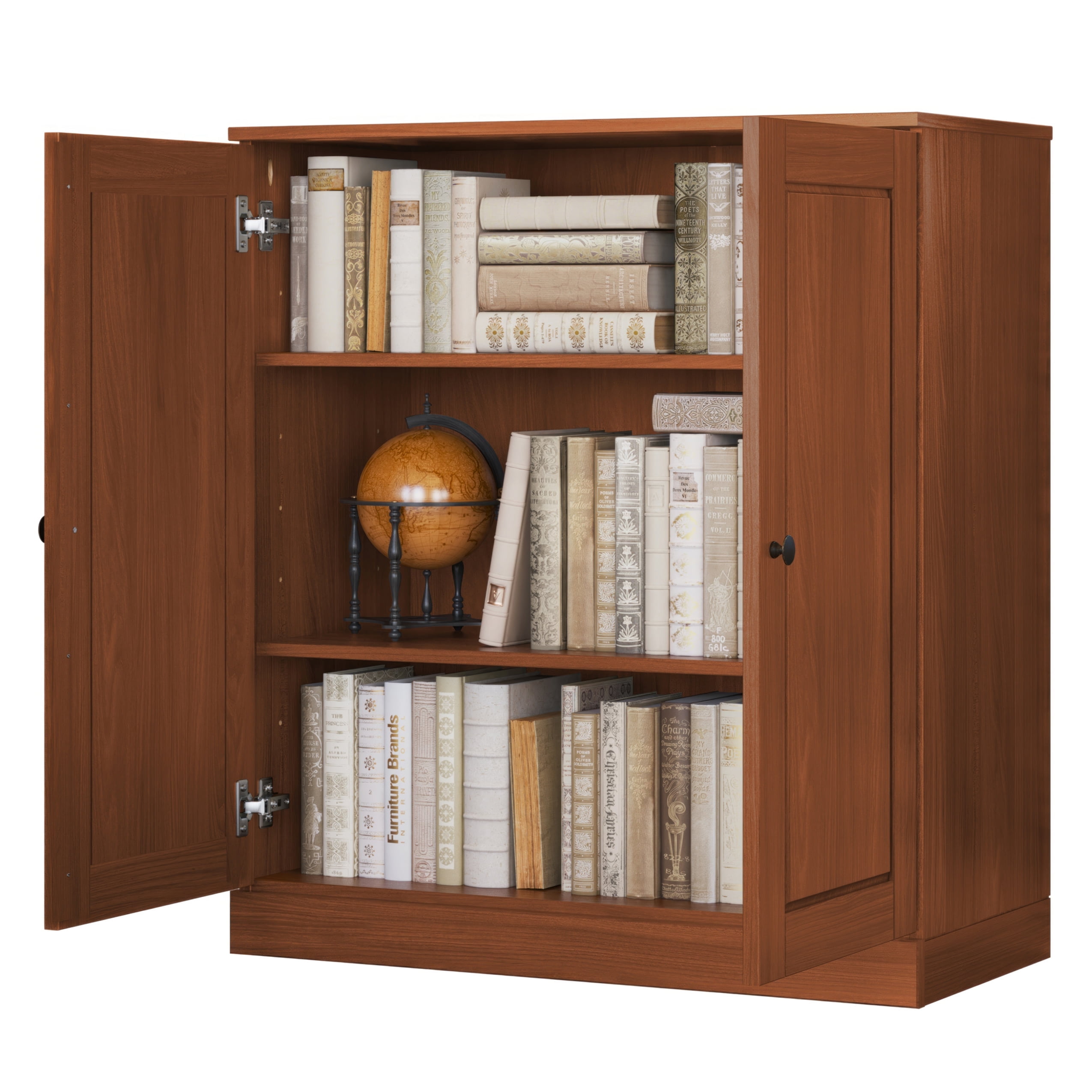 Mocha Solid Pine Wood Adjustable 3-Shelf Bookcase with Doors