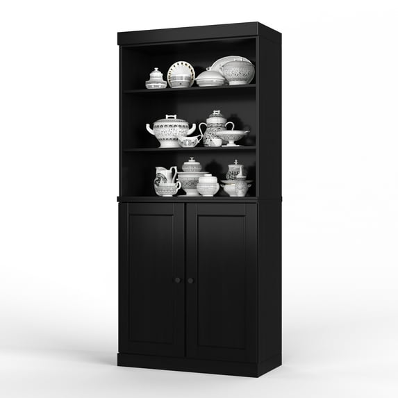 Palace Imports 100% Solid Wood 32" Kitchen Pantry Storage Cabinet with Doors, Adjustable Shelves and 2-Drawers, Black