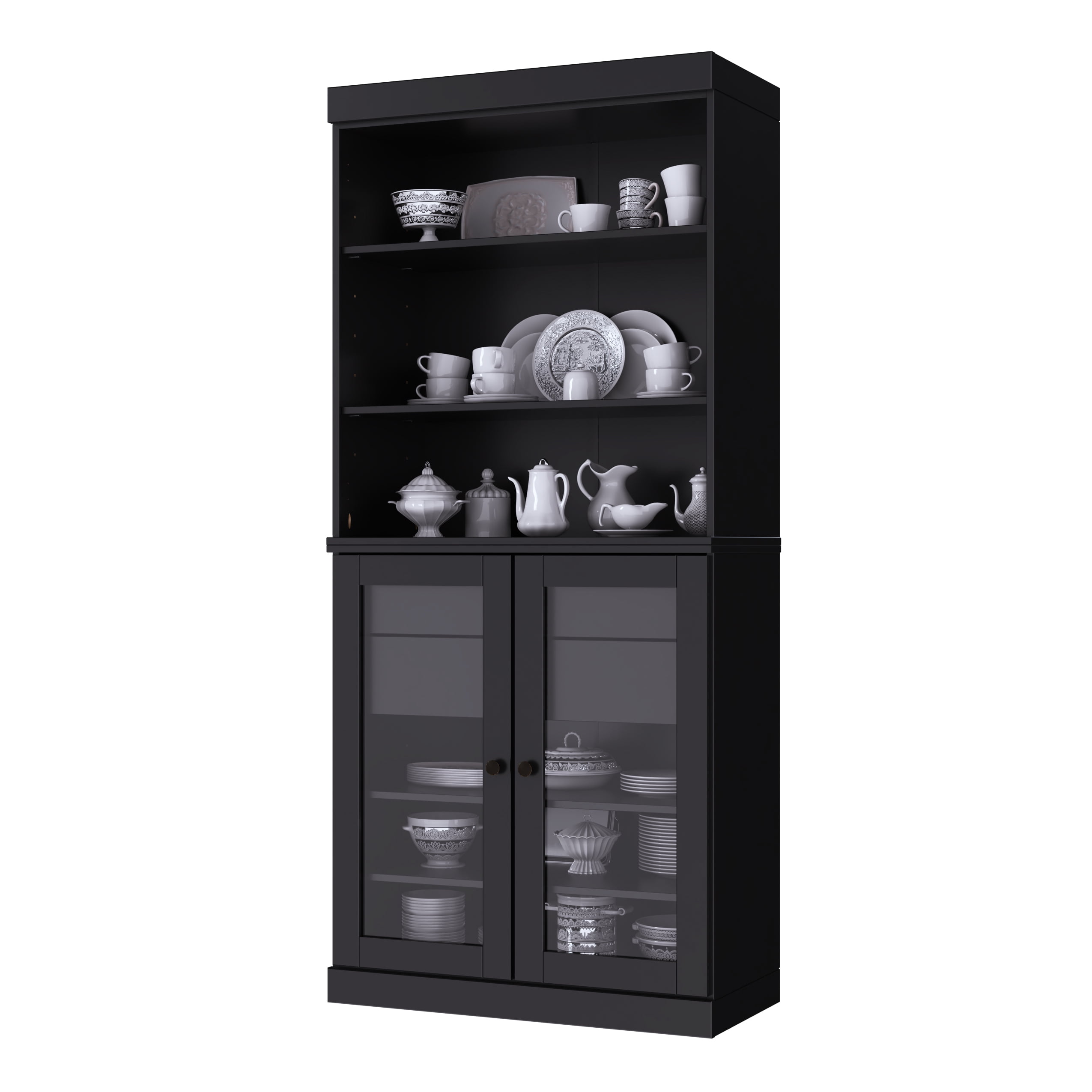 Palace Imports 100% Solid Wood 32" Kitchen Pantry Storage Cabinet with Glass Doors, Adjustable Shelves and 2-Drawers, Black