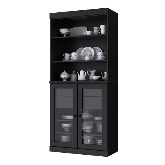 Palace Imports 100% Solid Wood 32" Kitchen Pantry Storage Cabinet with Glass Doors, Adjustable Shelves and 2-Drawers, Black