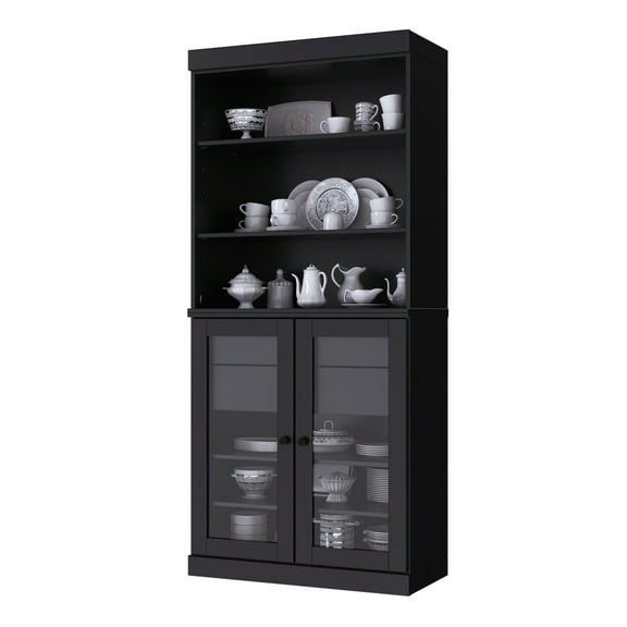 Palace Imports 100% Solid Wood 32" Kitchen Pantry Storage Cabinet with Glass Doors, Adjustable Shelves and 2-Drawers, Black