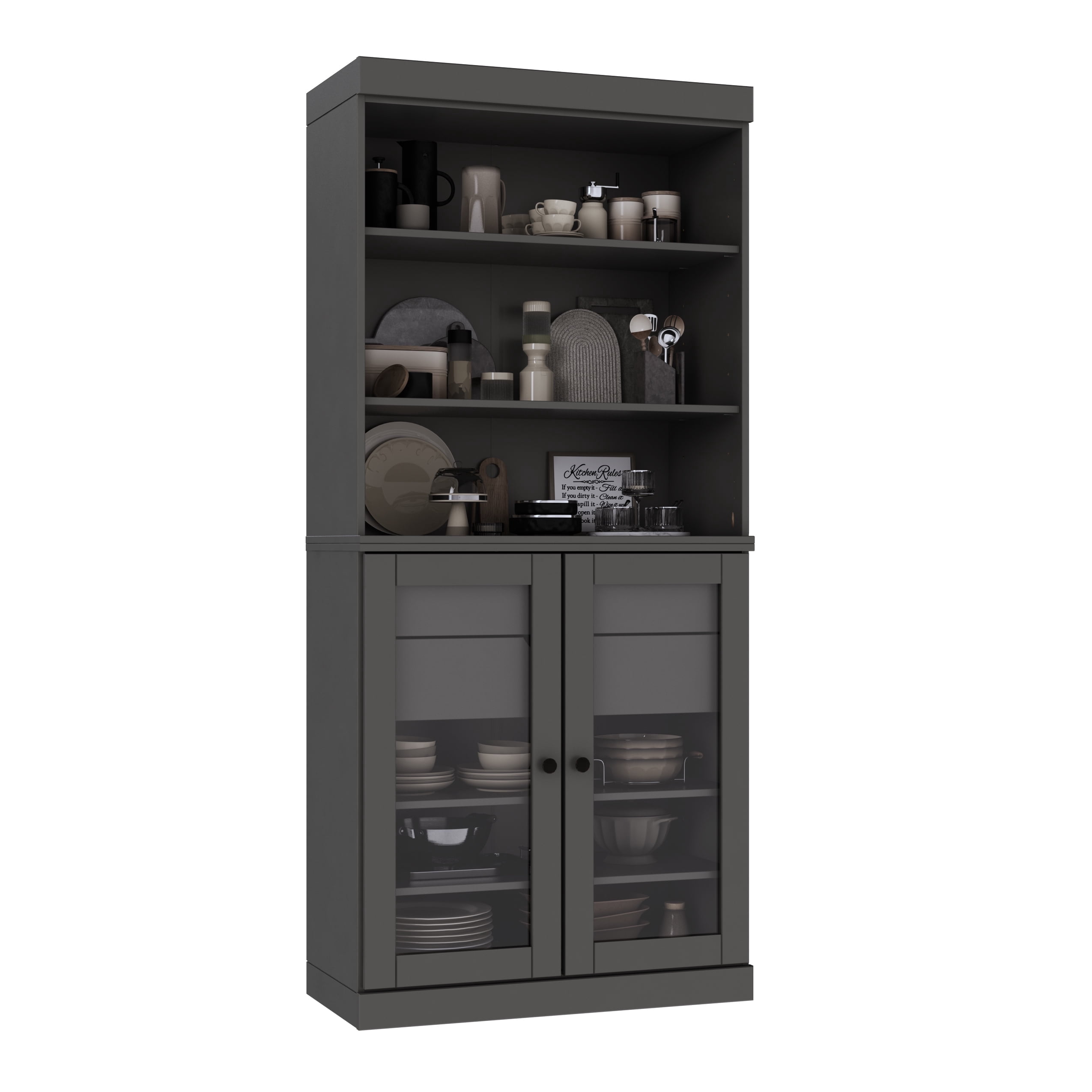 Palace Imports 100% Solid Wood 32" Kitchen Pantry Storage Cabinet with Glass Doors, Adjustable Shelves and 2-Drawers, Gray