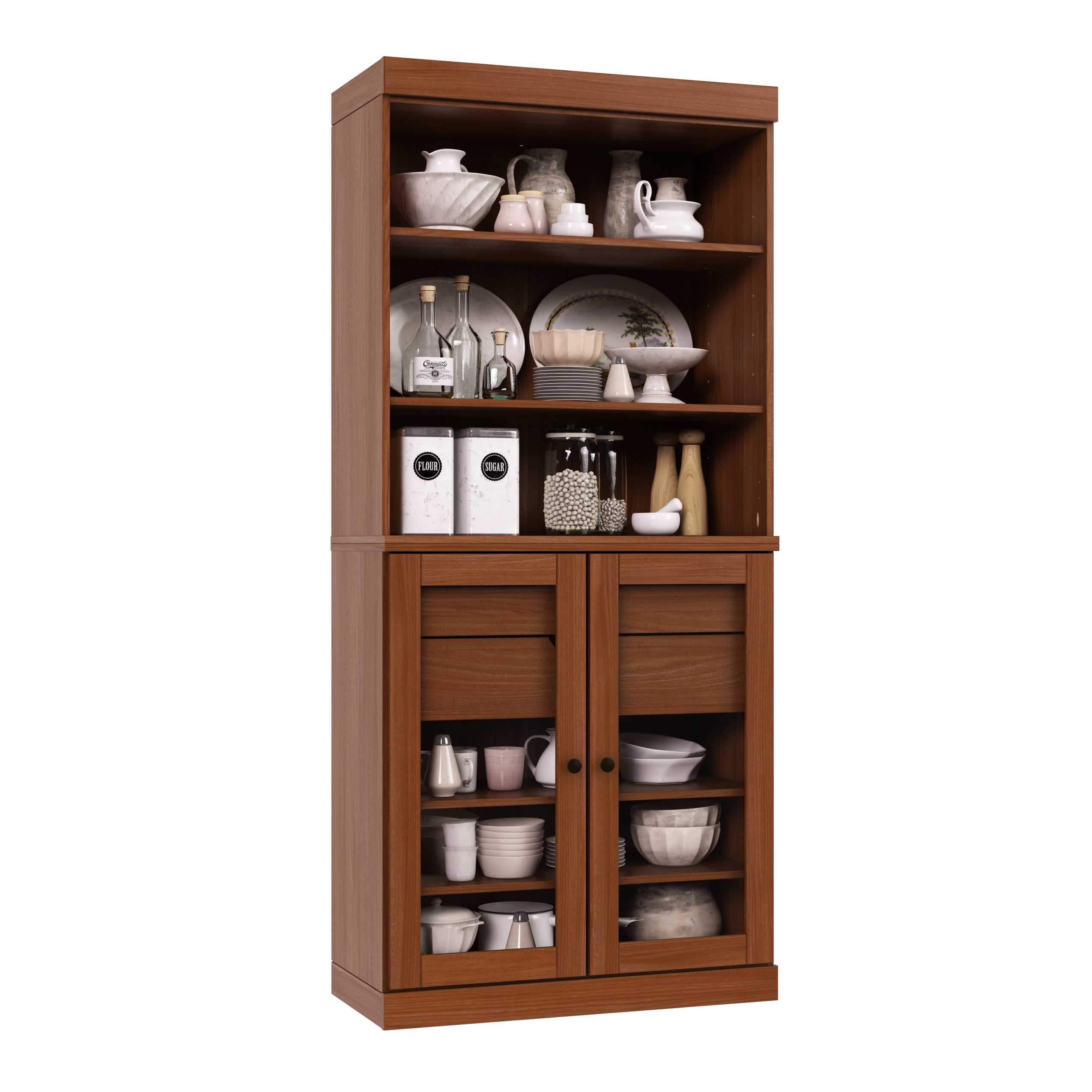 Palace Imports 100% Solid Wood 32" Kitchen Pantry Storage Cabinet with Glass Doors, Adjustable Shelves and 2-Drawers, Mocha