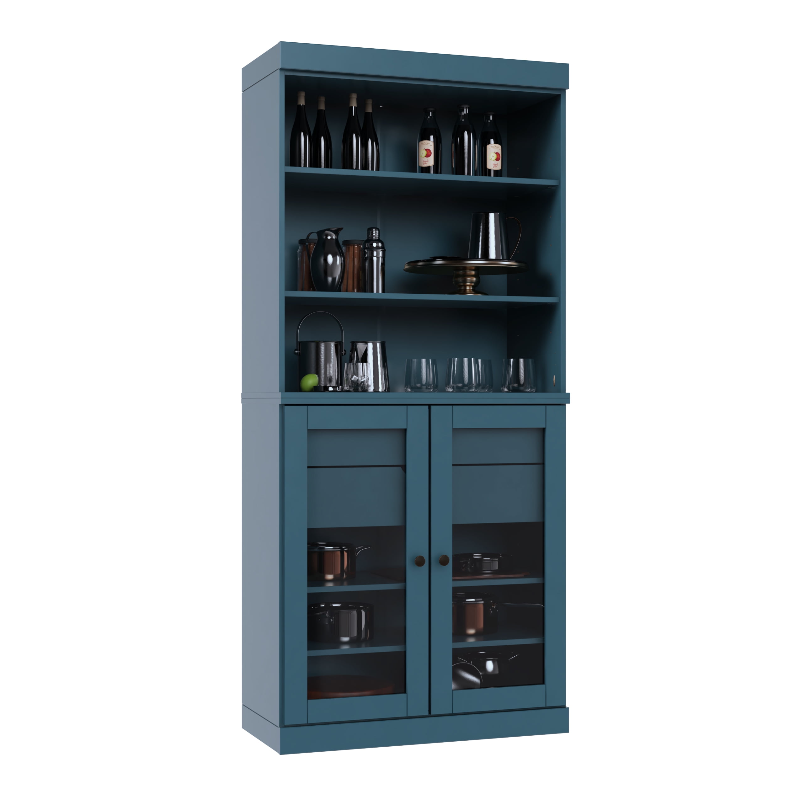 Palace Imports 100% Solid Wood 32" Kitchen Pantry Storage Cabinet with Glass Doors, Adjustable Shelves and 2-Drawers, Teal Blue