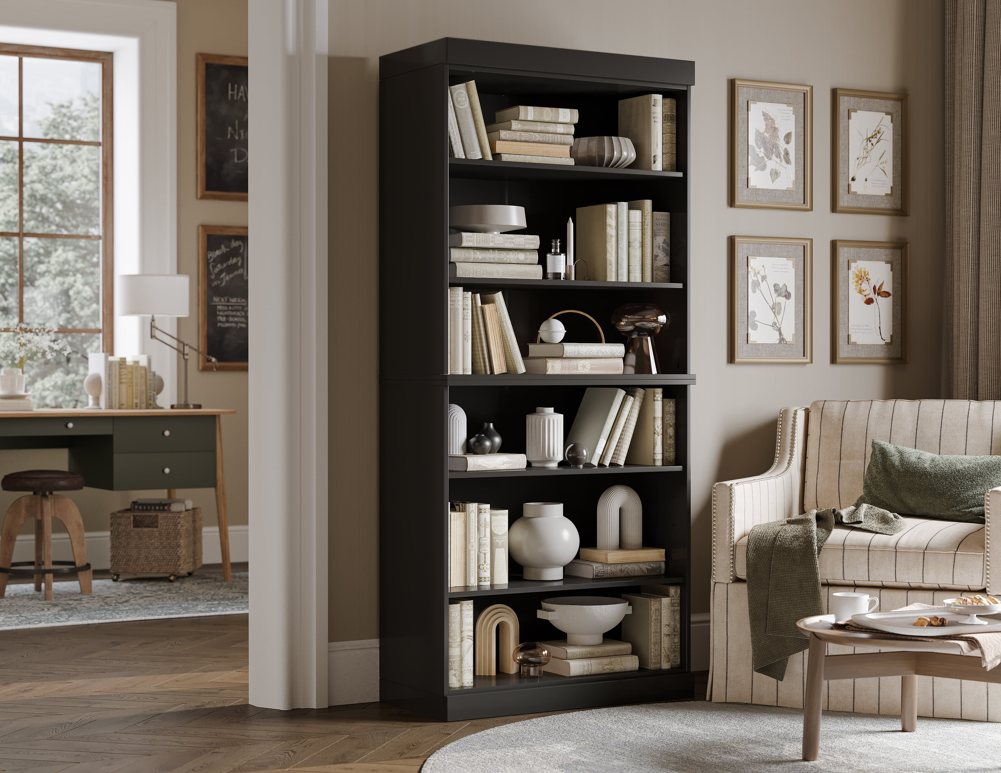 Solid Wood Bookcase - Stackable Modular 6 Tier Bookshelf - 71.5" Tall x 32" Wide - Black Book Shelf w/ Adjustable Shelves, Open Display Book Case for Living Room, Office, 100% Eco-Friendly Wood