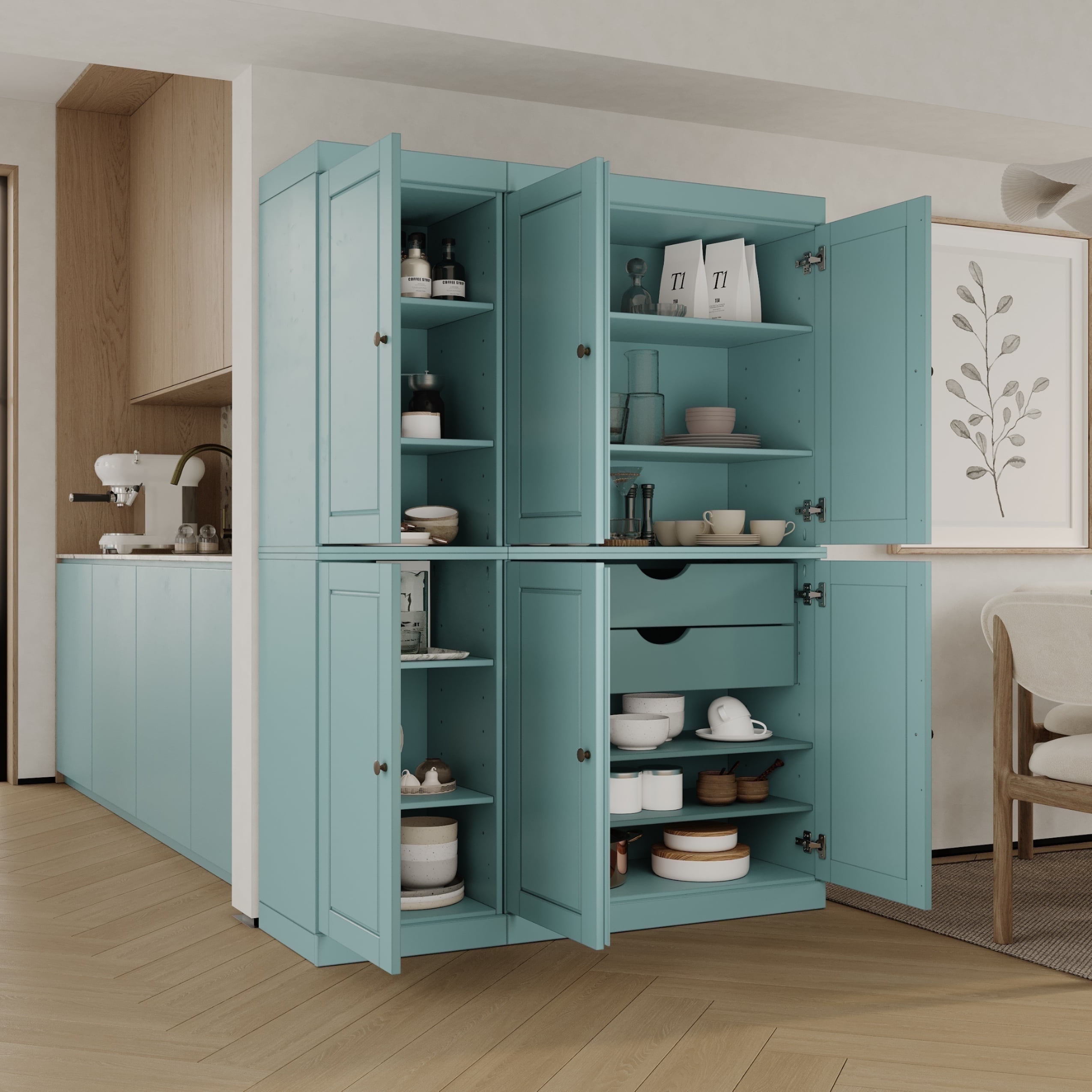 Aqua Blue Solid Wood Raised Panel Kitchen Pantry Cabinet
