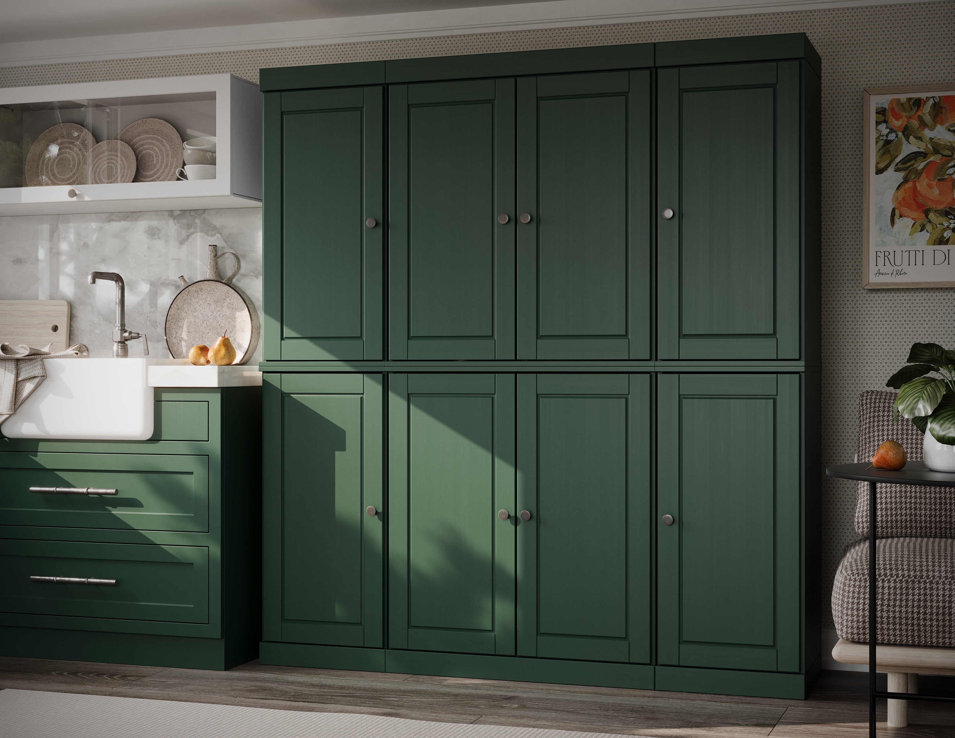 Green Solid Wood Raised Panel Pantry Cabinet with Adjustable Shelves