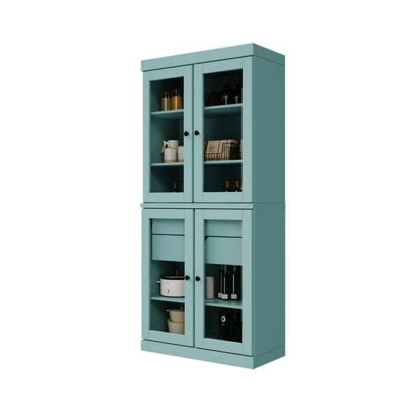 Palace Imports 100% Solid Wood Kitchen Pantry Storage Cabinet with Glass Doors, Adjustable Shelves and 2-Drawers, Aqua Blue