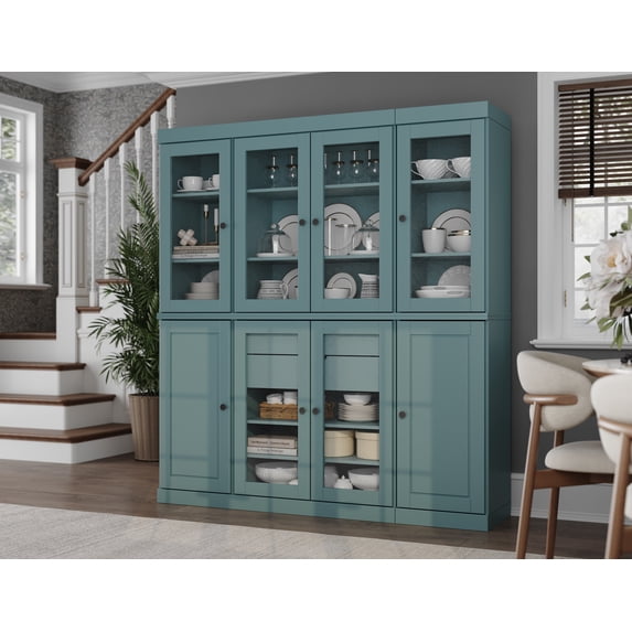 100% Solid Wood Kitchen Pantry Storage Cabinet with Solid, Clear Glass Doors, Adjustable Shelves and 2-Drawers, Aqua Blue China Cabinet