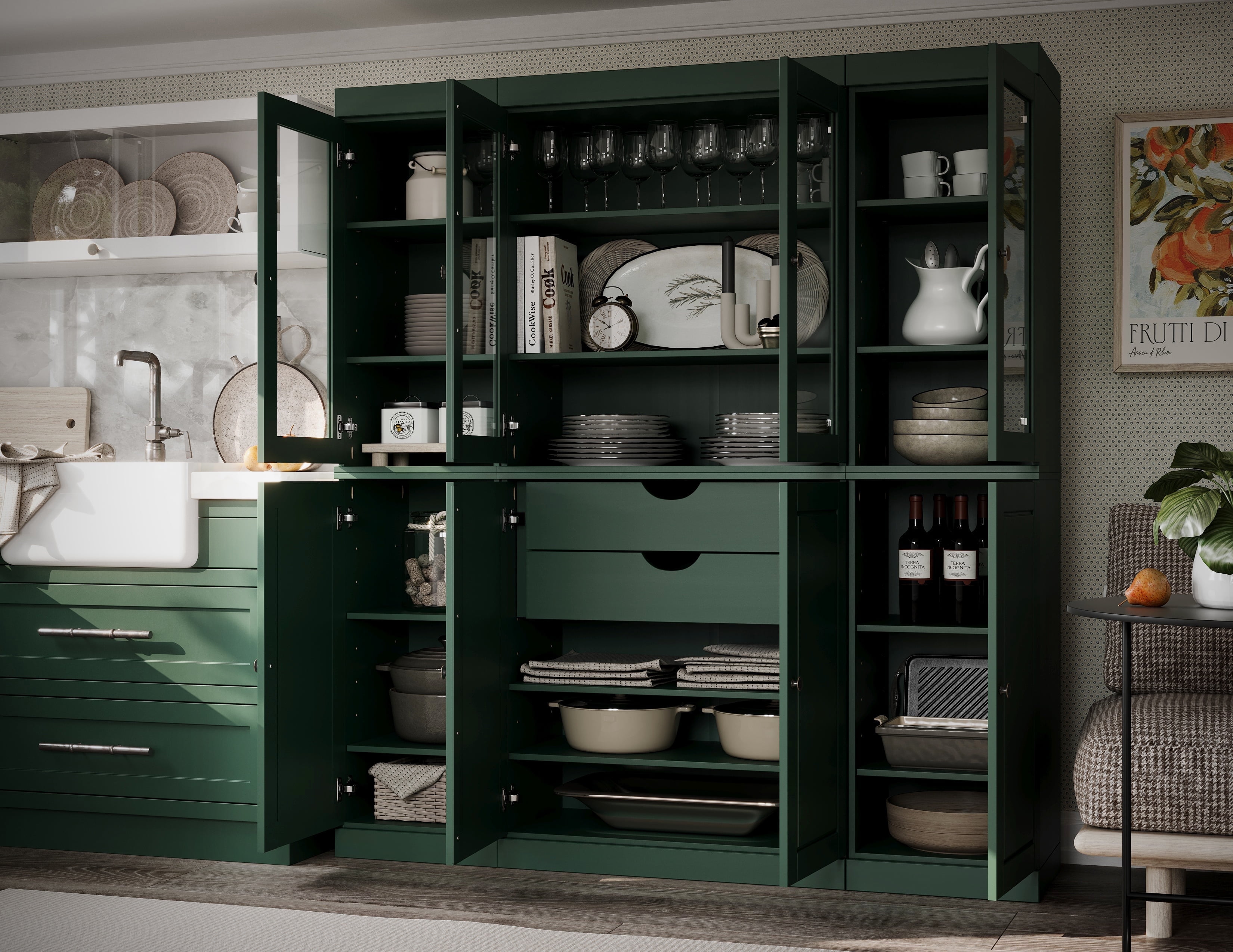 Green Solid Wood Raised Panel Kitchen Pantry Cabinet with Glass Doors