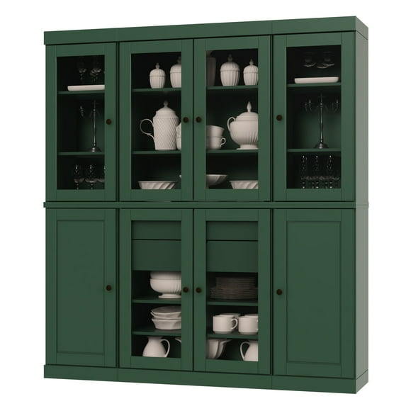 Palace Imports 100% Solid Wood Kitchen Pantry Storage Cabinet with Solid, Clear Glass Doors, Adjustable Shelves and 2-Drawers, Green