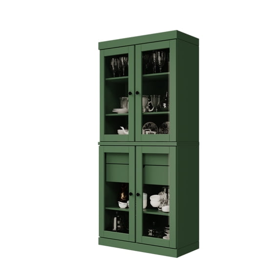 Palace Imports 100% Solid Wood Kitchen Pantry Storage Cabinet with Glass Doors, Adjustable Shelves and 2-Drawers, Green