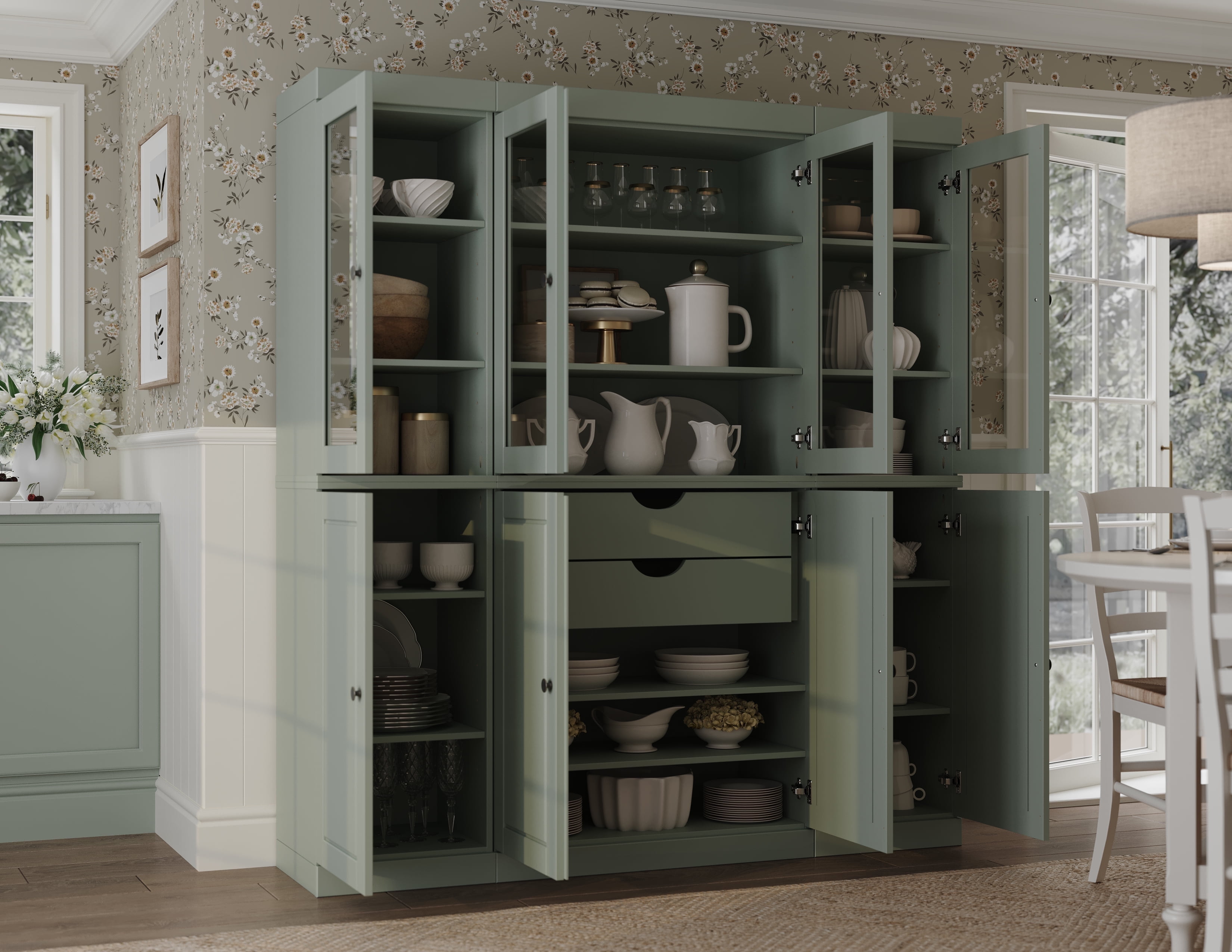 Sage Green Solid Wood Raised Panel Kitchen Pantry Cabinet