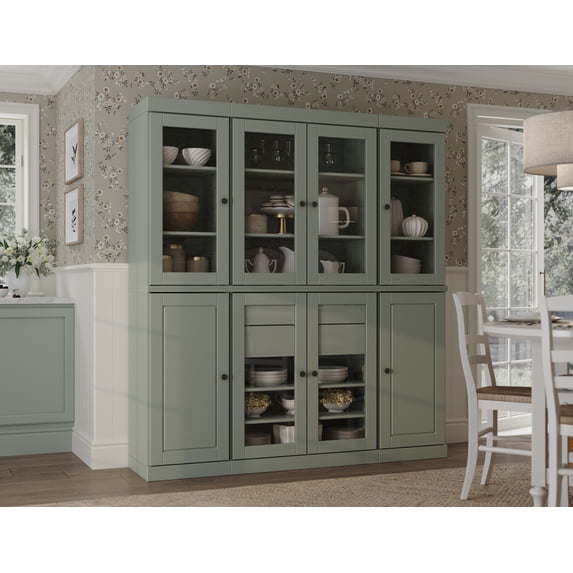 100% Solid Wood Kitchen Pantry Storage Cabinet with Glass Doors, Adjustable Shelves and 2-Drawers, Sage Wooden China Cabinet