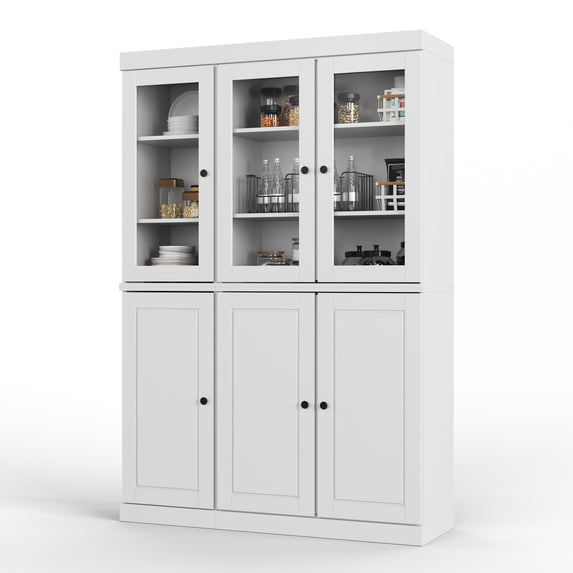 Palace Imports 100% Solid Wood Kitchen Pantry Storage Cabinet with Glass Doors, Adjustable Shelves and 2-Drawers, White