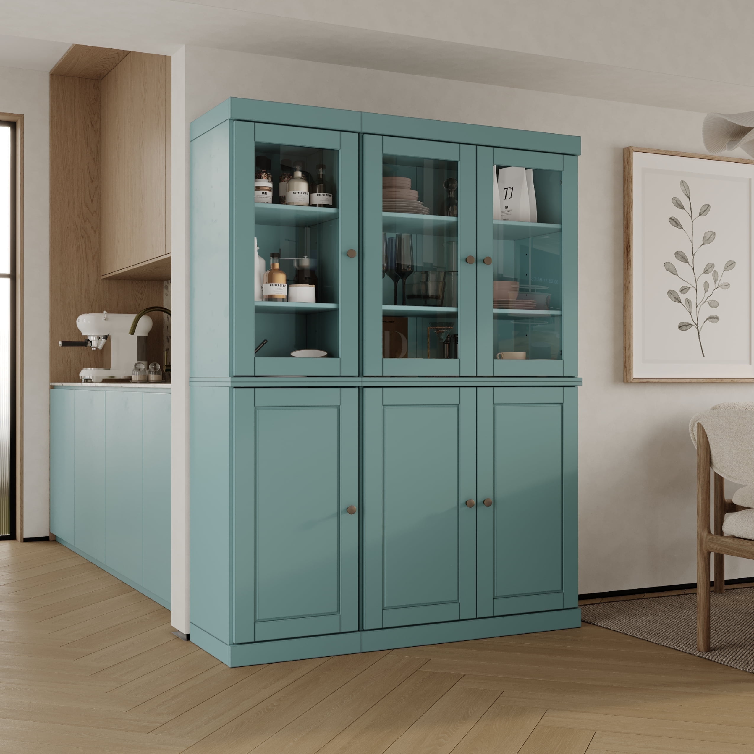 Palace Imports 100% Solid Wood Kitchen Pantry Storage Cabinet with Glass Doors and Adjustable Shelves, Aqua Blue
