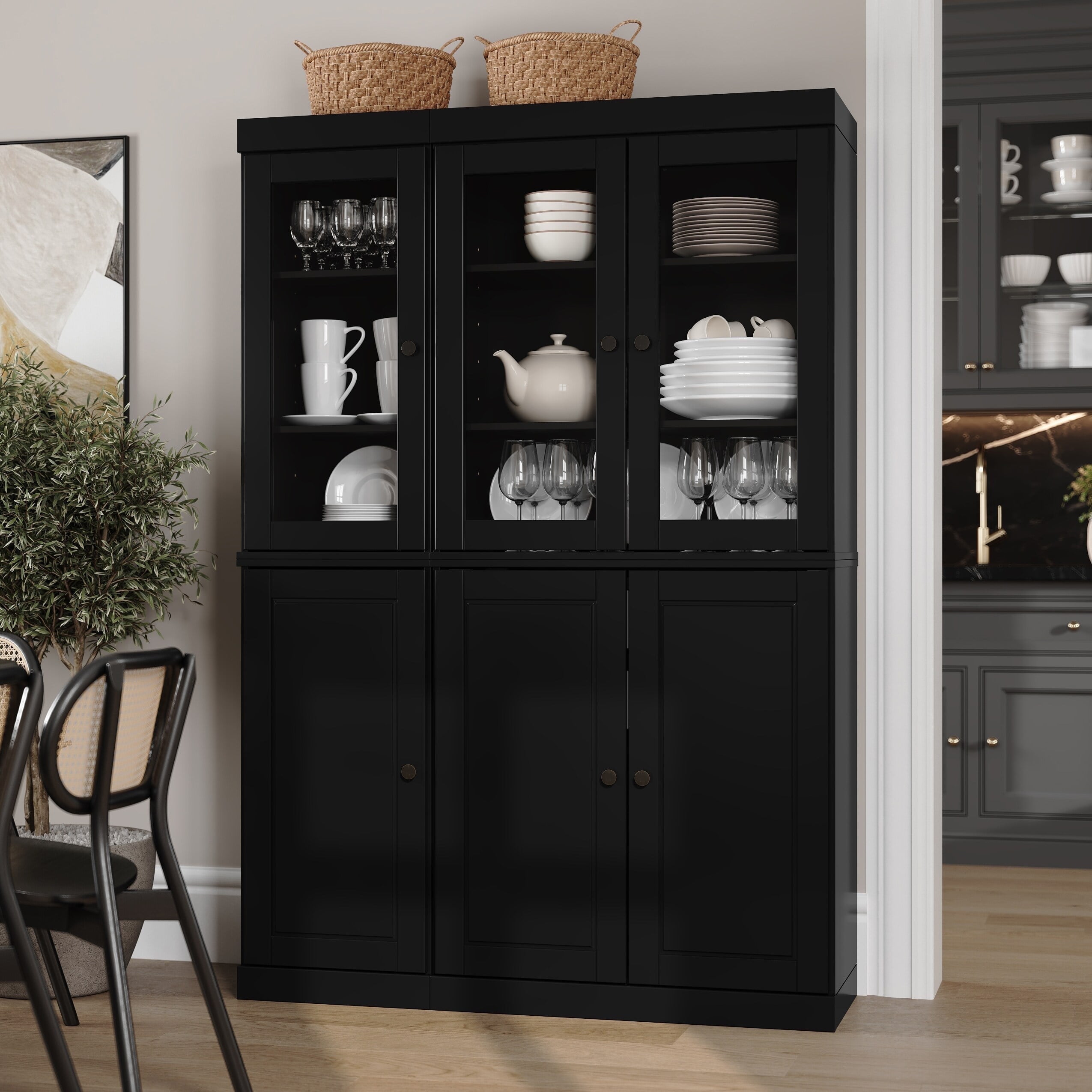 Palace Imports 100% Solid Wood Kitchen Pantry Storage Cabinet with Solid, Clear Glass Doors and Adjustable Shelves, Black