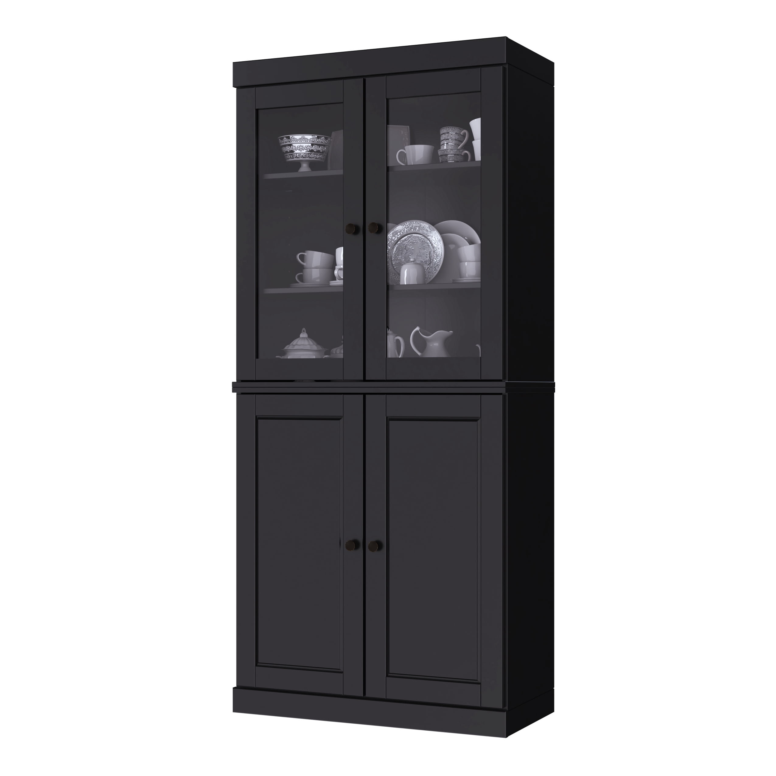 Palace Imports 100% Solid Wood Kitchen Pantry Storage Cabinet with Glass & Raised Panel Doors and Adjustable Shelves, 4-Door, Black