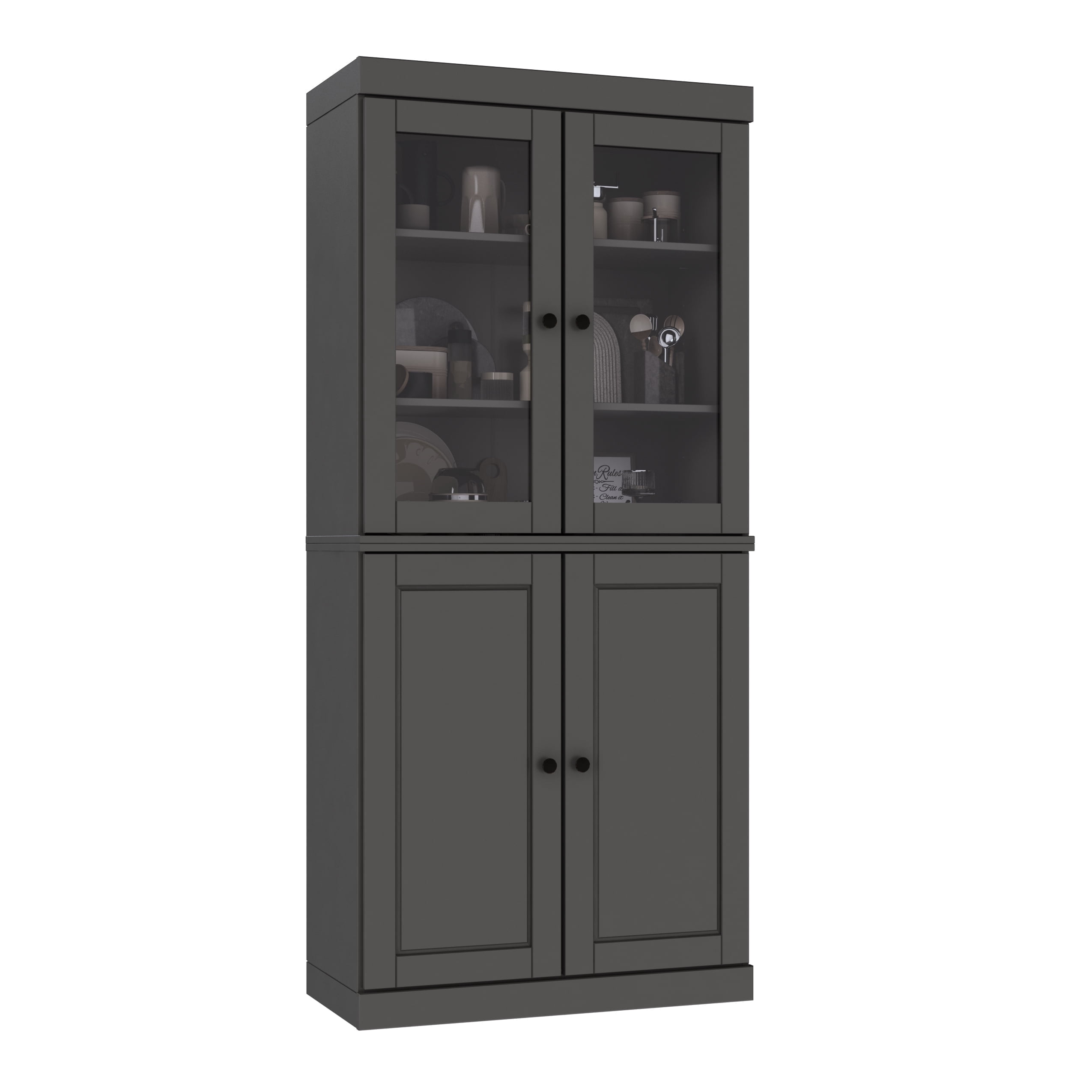 Palace Imports 100% Solid Wood Kitchen Pantry Storage Cabinet with Glass & Raised Panel Doors and Adjustable Shelves, 4-Door, Gray