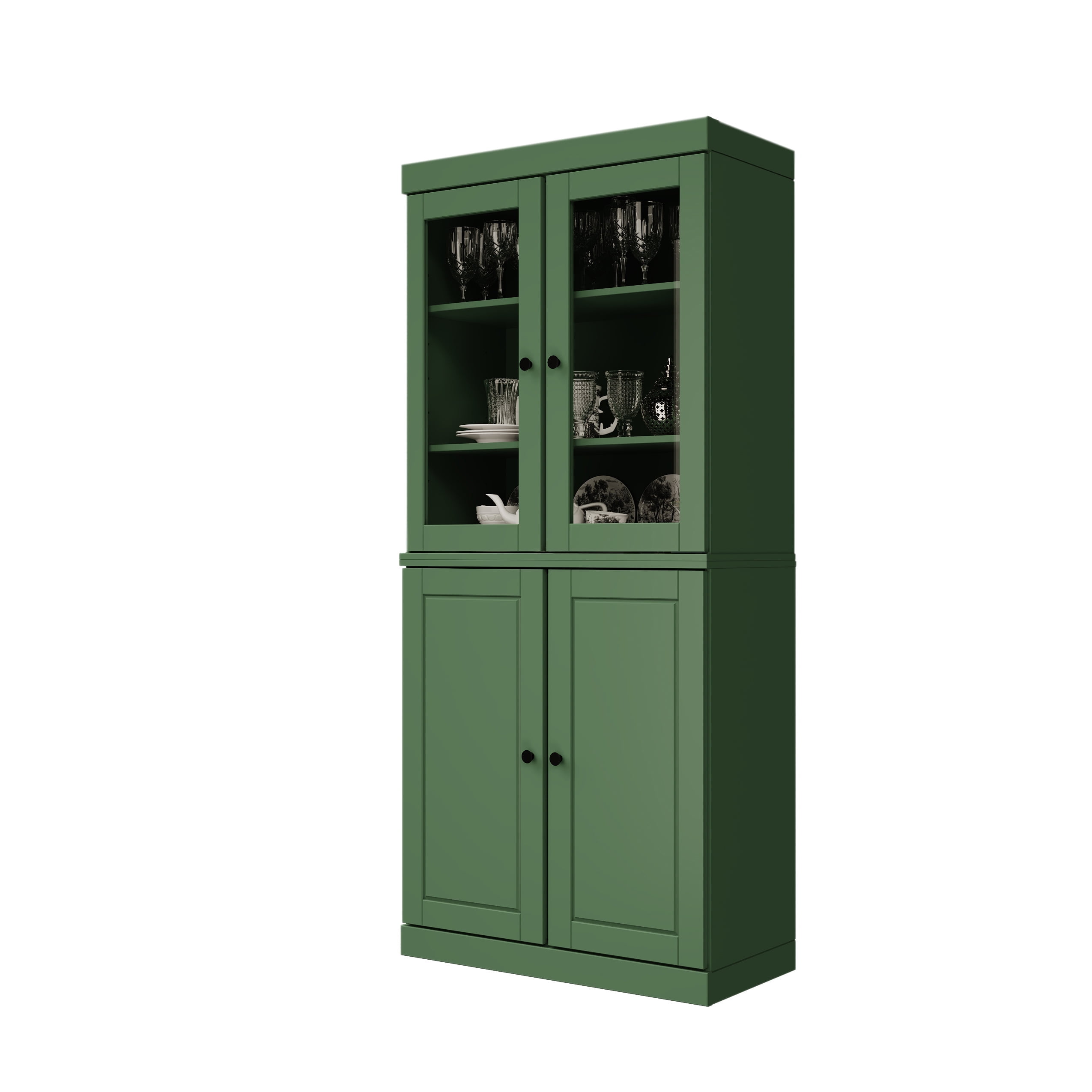 Palace Imports 100% Solid Wood Kitchen Pantry Storage Cabinet with Glass & Raised Panel Doors and Adjustable Shelves, 4-Door, Green