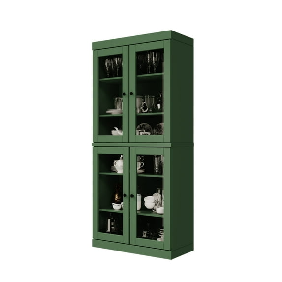 Palace Imports 100% Solid Wood Kitchen Pantry Storage Cabinet with Glass Doors and Adjustable Shelves, Green