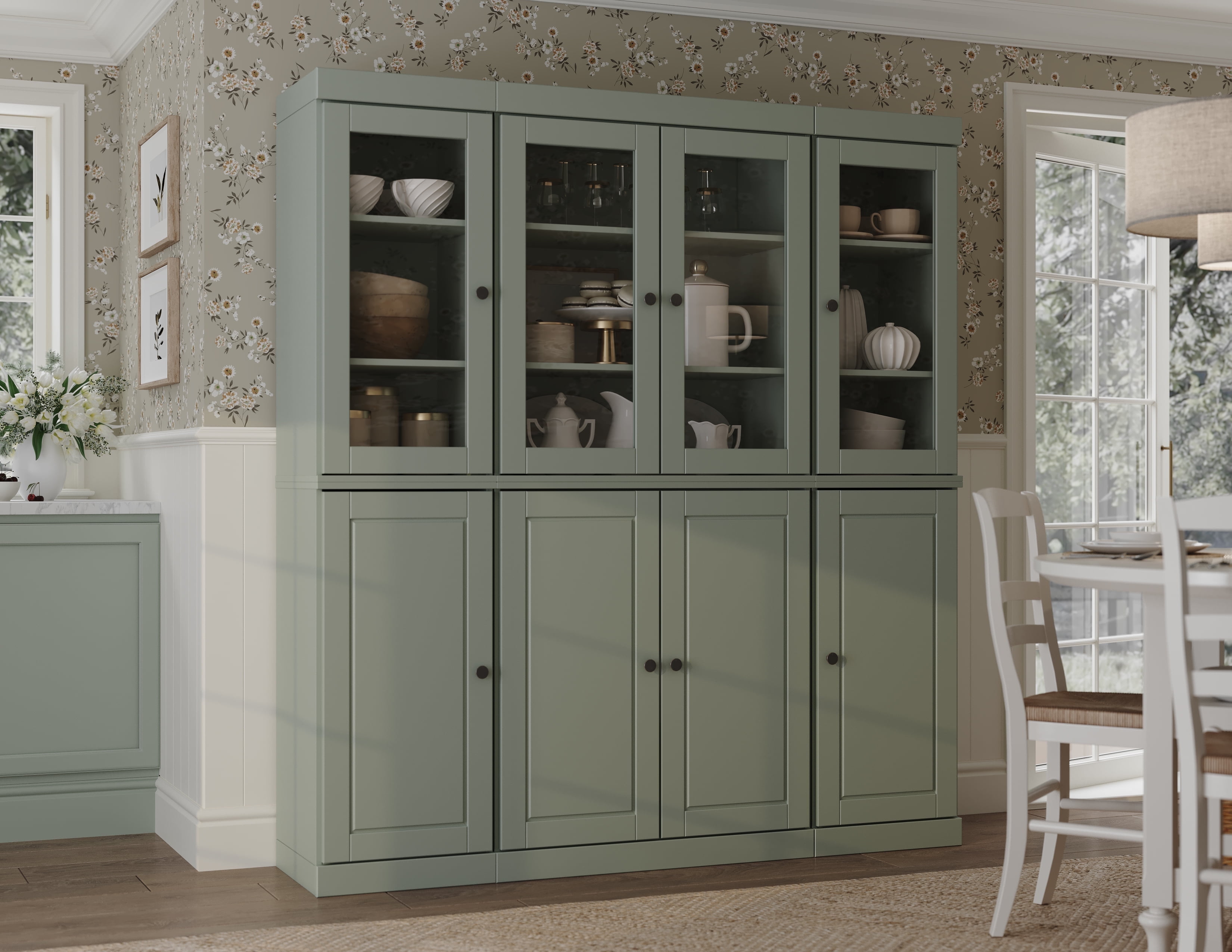 Sage Green Solid Wood China Cabinet with Glass Doors