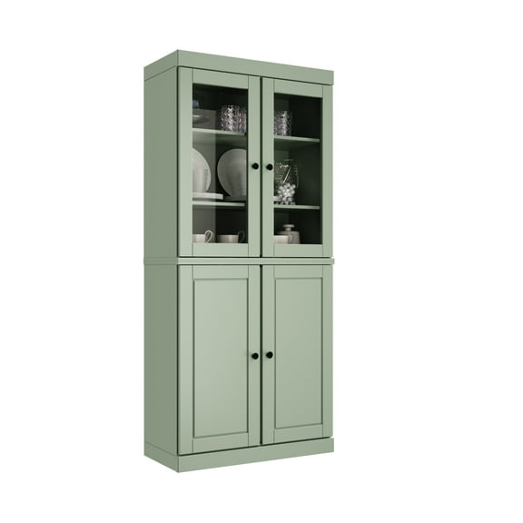 Palace Imports 100% Solid Wood Kitchen Pantry Storage Cabinet with Glass & Raised Panel Doors and Adjustable Shelves, 4-Door, Sage
