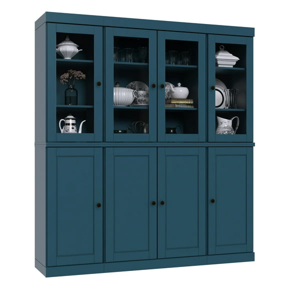 Palace Imports 100% Solid Wood Kitchen Pantry Storage Cabinet with Clear Glass, Solid Doors and Adjustable Shelves, Teal Blue