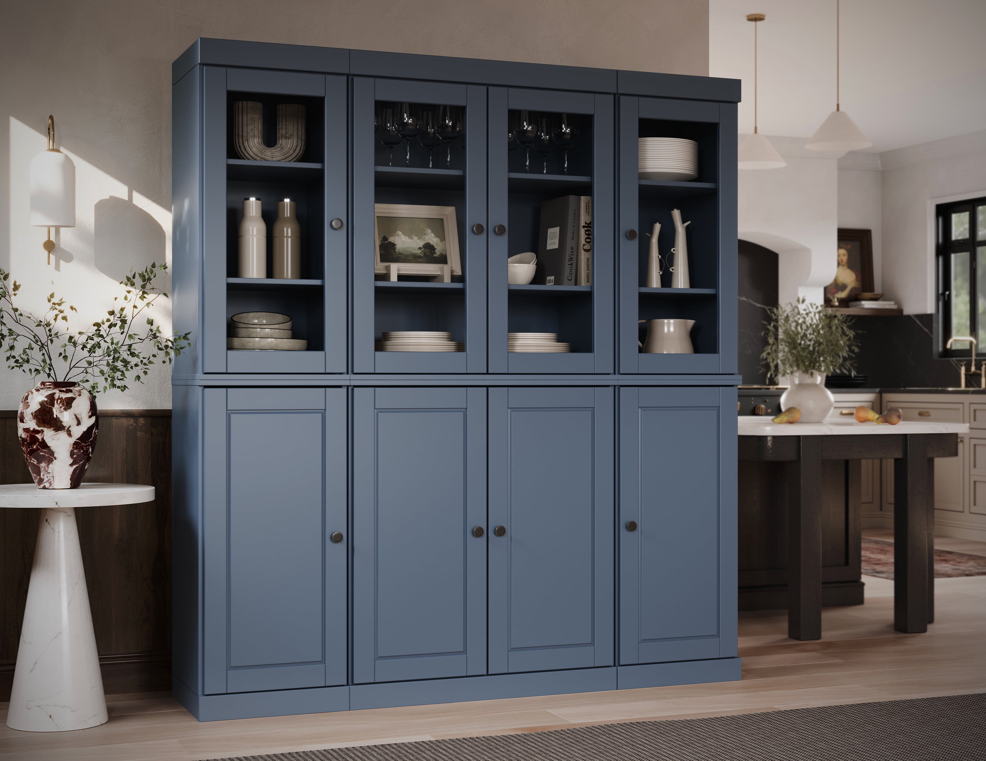 Palace Imports 100% Solid Wood Kitchen Pantry Storage Cabinet with Solid, Clear Glass Doors and Adjustable Shelves, Antique Blue