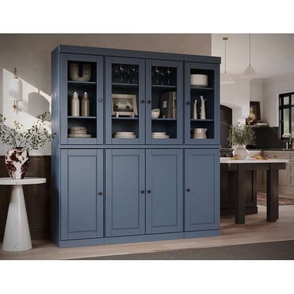 Palace Imports 100% Solid Wood Kitchen Pantry Storage Cabinet with Solid, Clear Glass Doors and Adjustable Shelves, Antique Blue