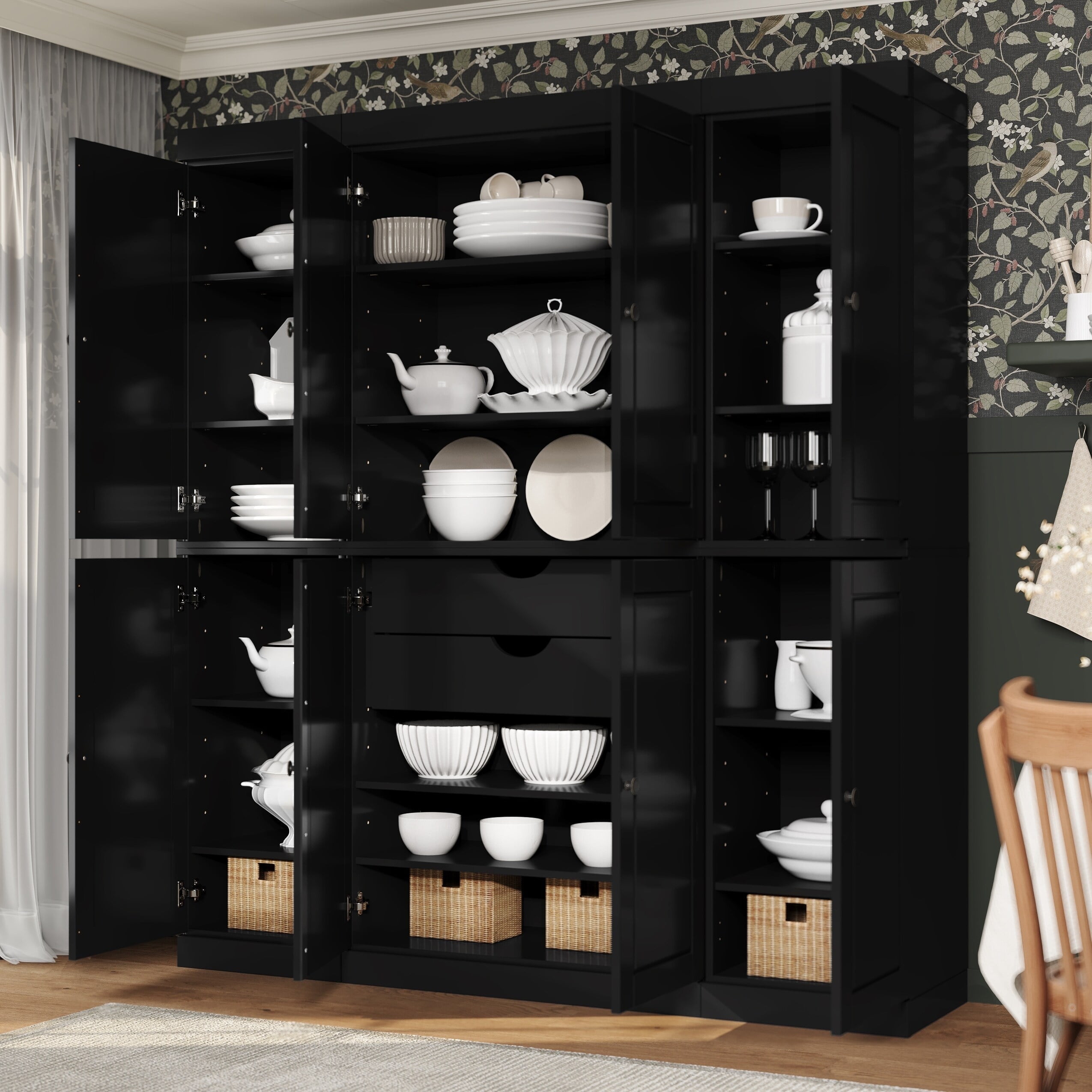 Black Solid Wood Raised Panel Kitchen Pantry Cabinet with Adjustable Shelves and Drawers
