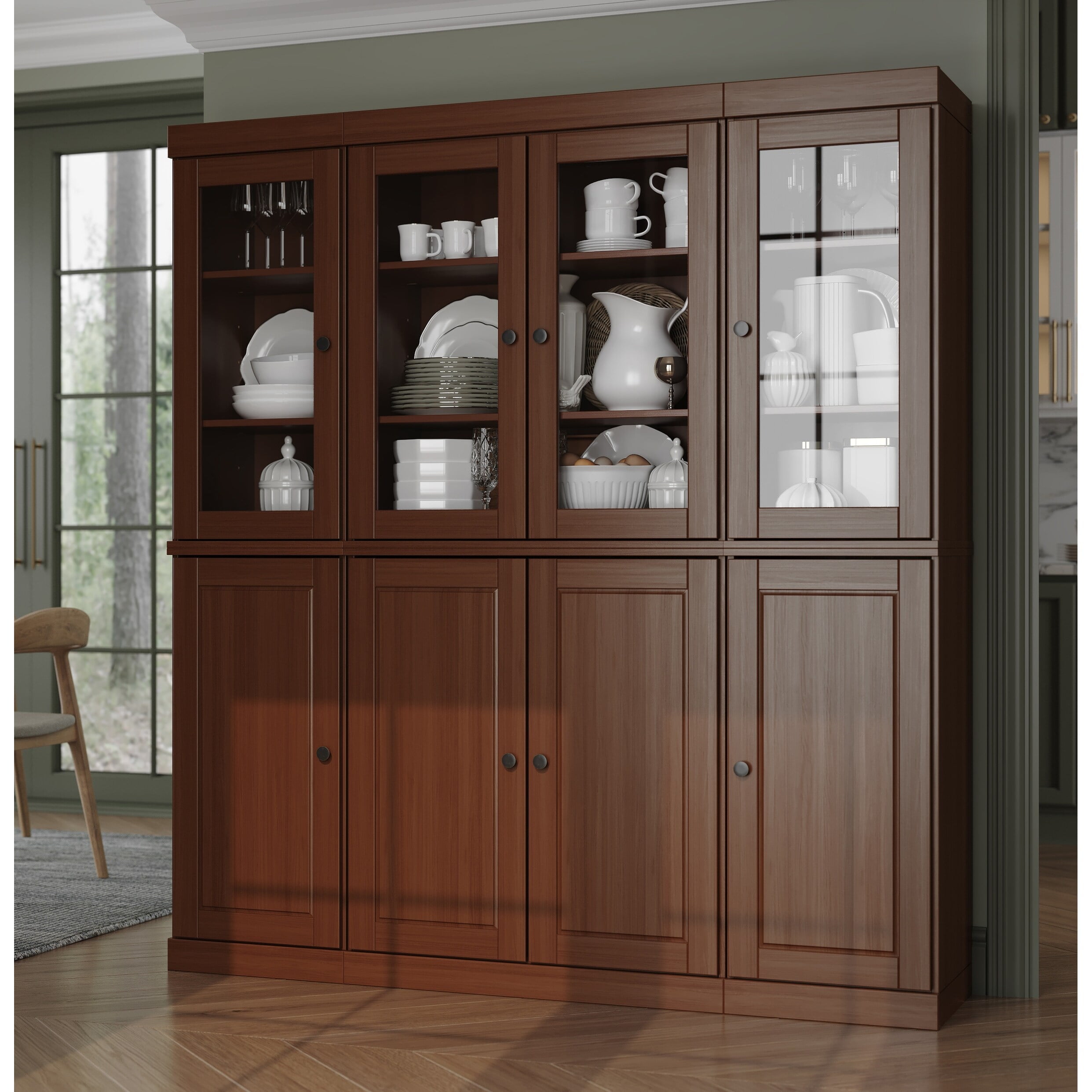 Mocha Solid Wood Raised Panel Kitchen Pantry Cabinet with Clear Glass Doors