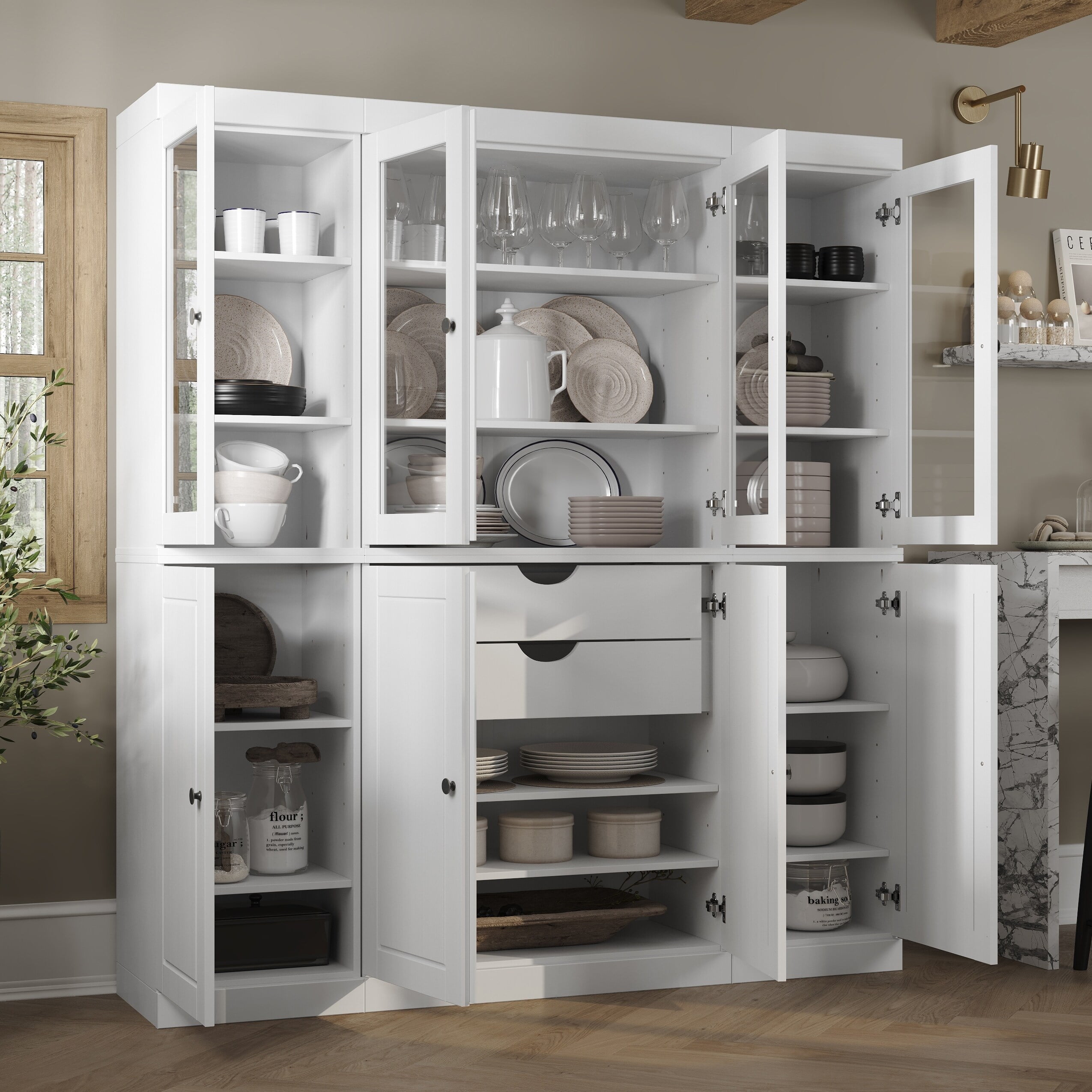 White Solid Wood Pantry Cabinet with Glass Doors and Adjustable Shelves
