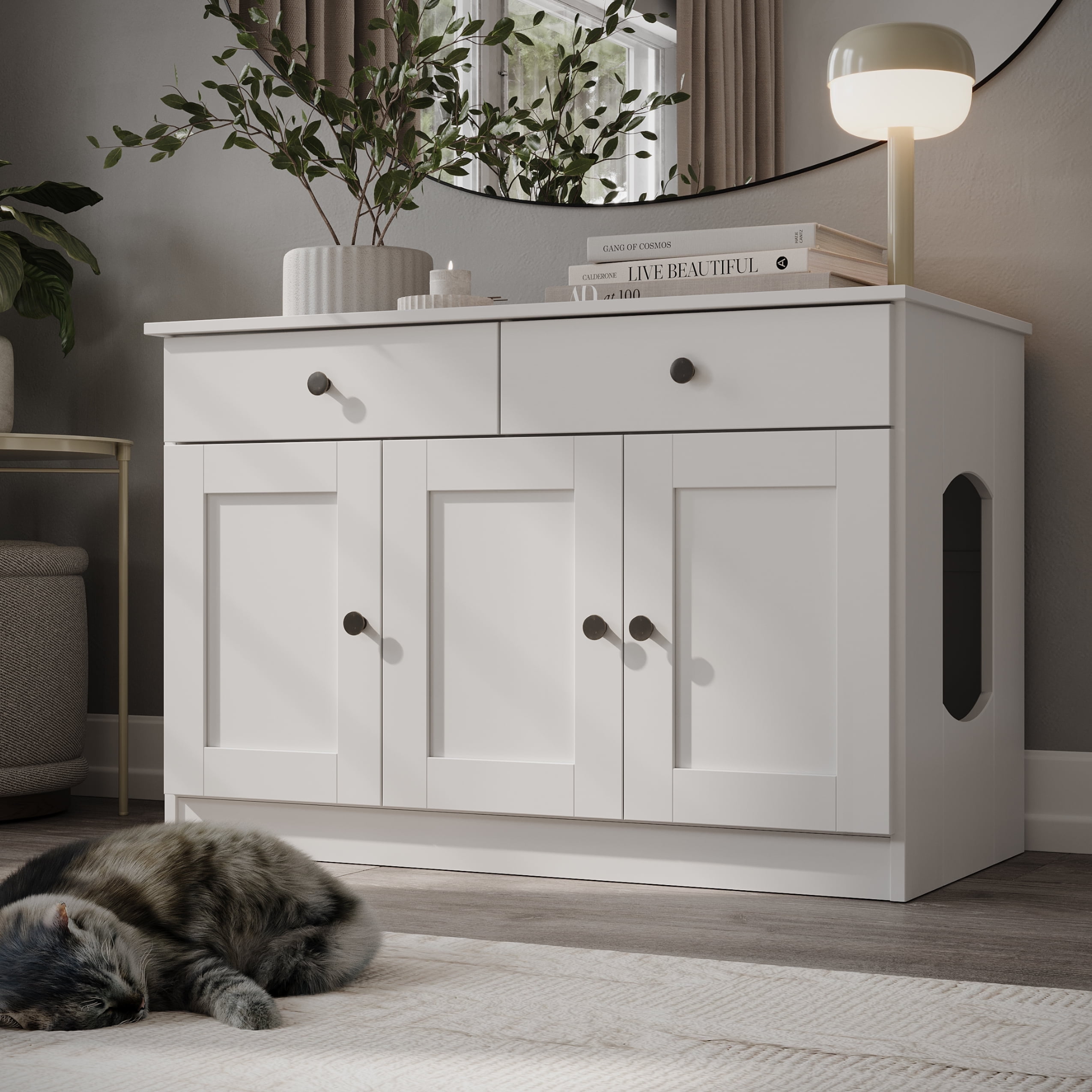 White Solid Wood 3-Door Cat Litter Enclosure with Drawers