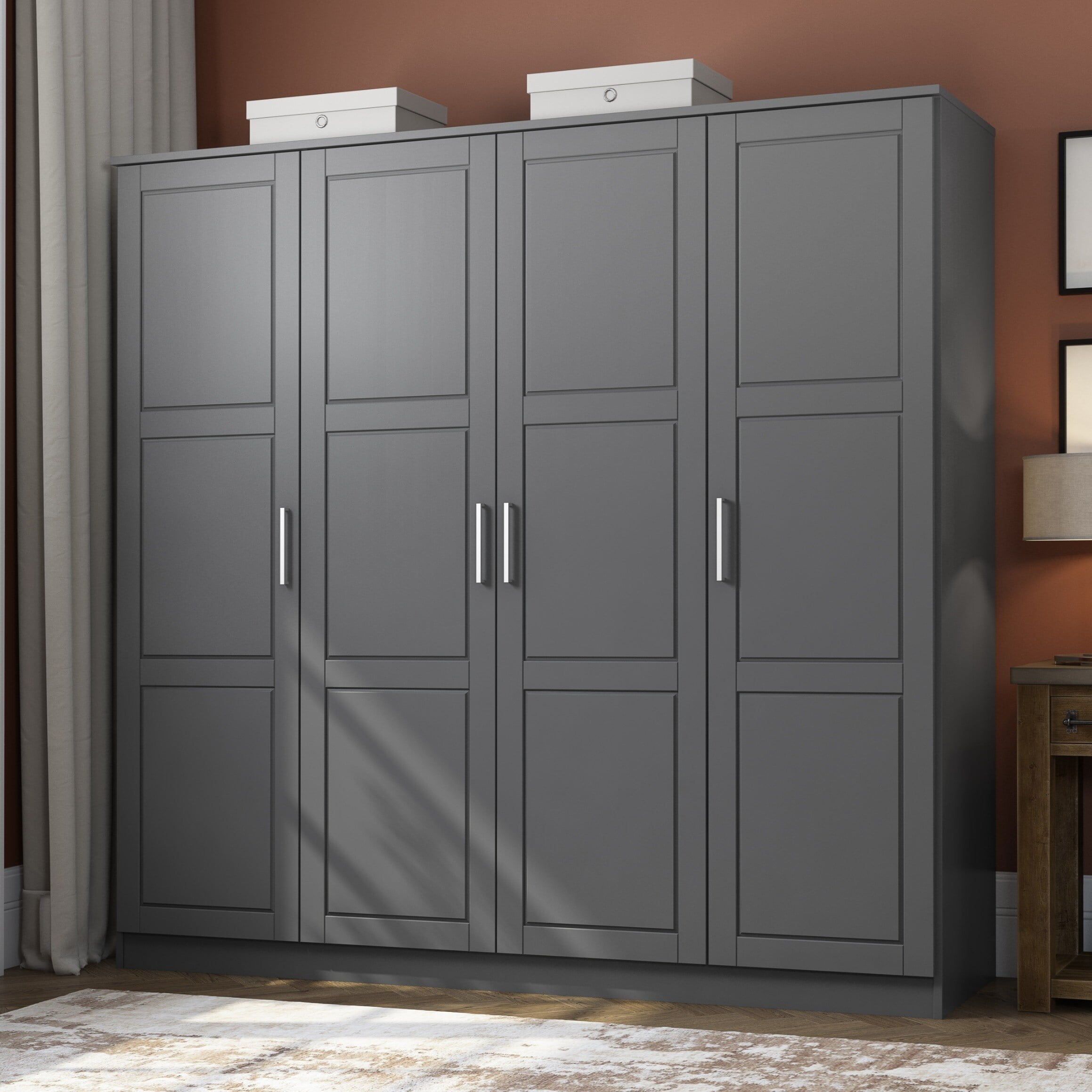 Cosmo Gray Solid Wood 4-Door Wardrobe with Mirror